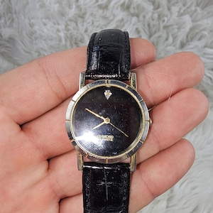 Ladies Diamond Quartz Dress Round Gold Tone Black Leather Band Analog Watch E8 - for parts needs battery