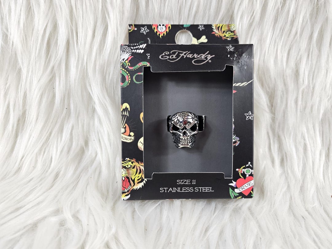 Rare Ed Hardy Silver Skull Black Jewel Eyes Stainless Steel Ring - Size ...