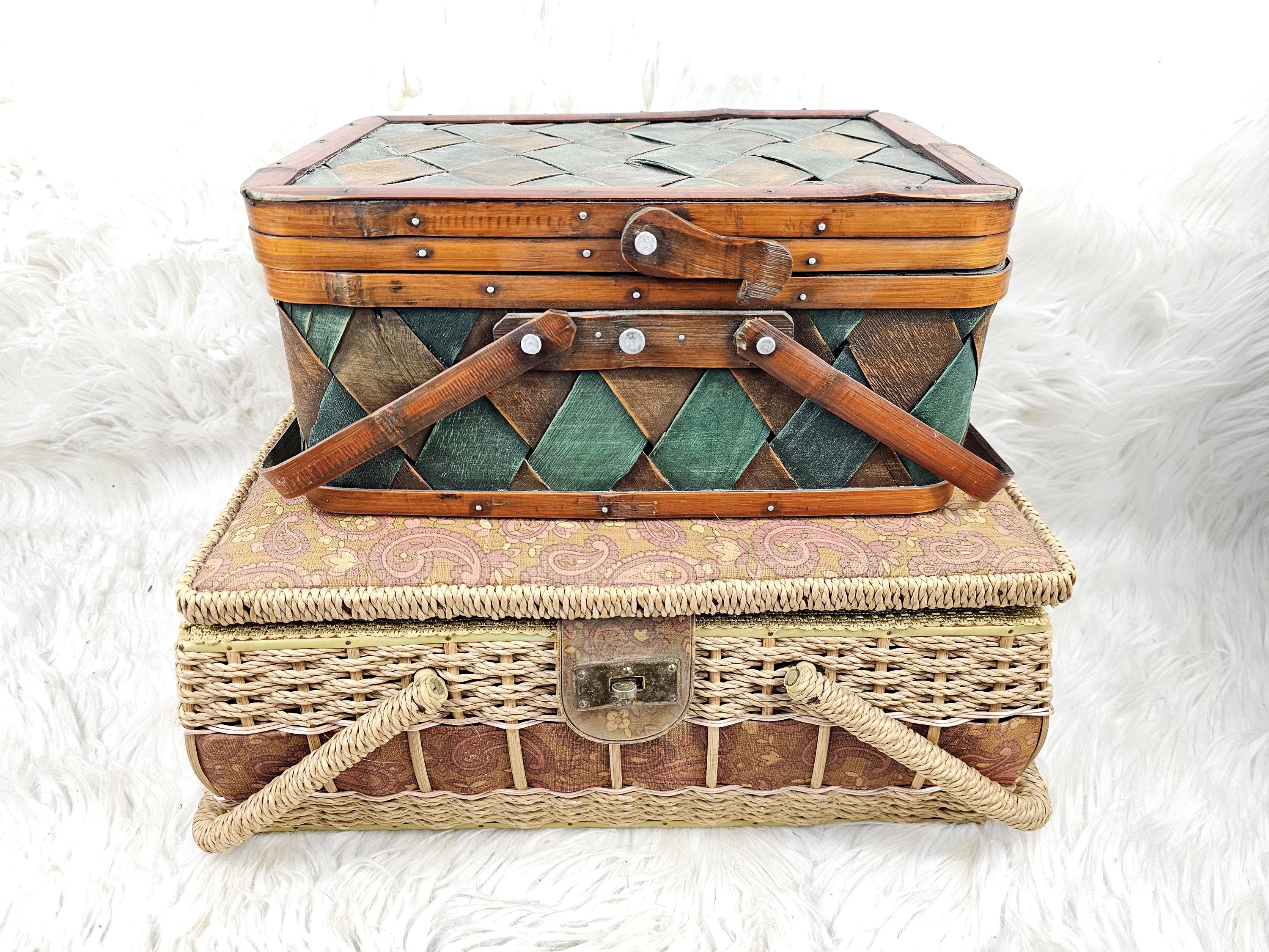バスケット+かご vintage wood picnic basket 2 Funky Vintage Woven Wood Picnic Basket Green/brown Hinged