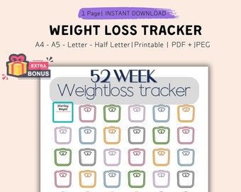 52 Week Weightloss Tracker, Journal: Goals, Charts, Measurement, and More! A4/A5/Letter/Half Size Printable PDF & JPEG, Print Weight Loss