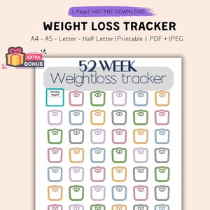 52 weken gewichtsverliestracker, dagboek: doelen, grafieken, metingen en meer! A4/A5/Letter/Half formaat afdrukbare PDF & JPEG, Gewichtsverlies afdrukken