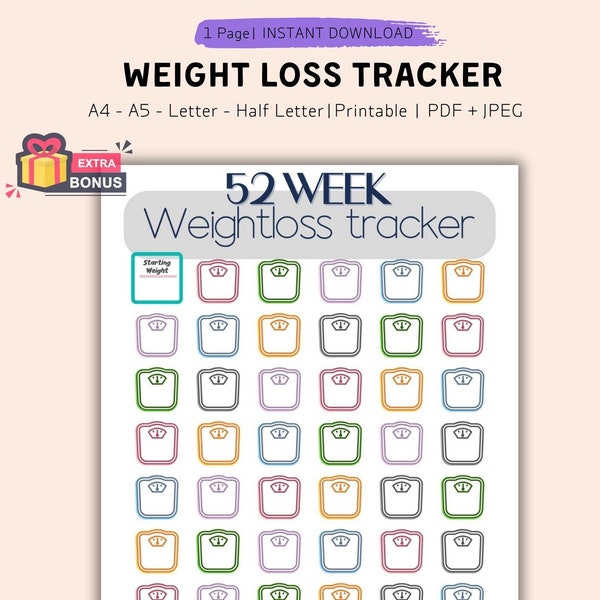 52 Week Weightloss Tracker, Journal: Goals, Charts, Measurement, and More! A4/A5/Letter/Half Size Printable PDF & JPEG, Print Weight Loss