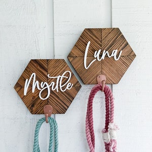 Honeycomb Wood Mosaic Dog Leash Holder, Personalized 3D Name Hook