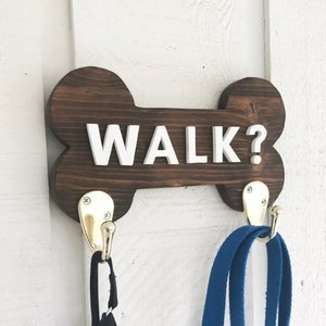 Dog Bone Pet Leash Holder, Pet Leash Hook, Walk? Leash Hook Holder, Wood Cut Out, Customizable Gift, Pet Sign, Choose Your Stain Background
