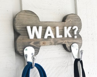 Dog Bone Pet Leash Holder, Pet Leash Hook, Walk? Leash Hook Holder, Wood Cut Out, Customizable Gift, Pet Sign, Choose Your Stain Background