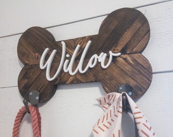 Custom Wood Mosaic Dog Leash Holder: Bone Shape, Personalized Name