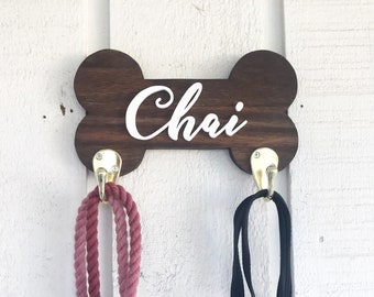 Personalized Dog Bone Pet Leash Holder, Custom Pet Leash Hook, Dog Name Leash Hook Holder, Wood Cut Out, Custom Gift, Choose Your Stain