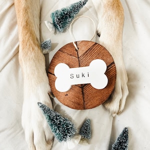 Personalized Wooden Dog Bone Ornament with Name, Wood Mosaic Pet Ornament