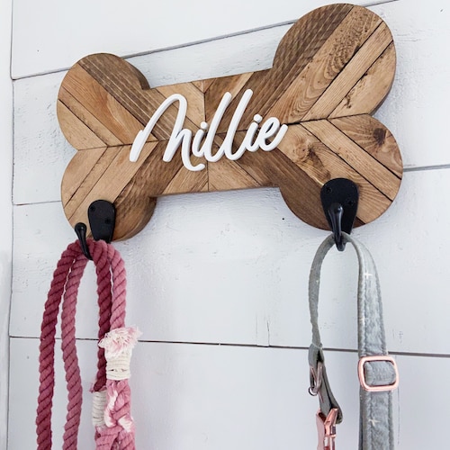Custom Wood Mosaic Leash Holder Personalized Dog Bone Leash Etsy