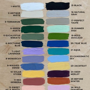 May include: A chart of paint color swatches with names and numbers. The colors include white, black, gray, green, blue, lavender, denim, yellow, red, orange, brown, and pink.