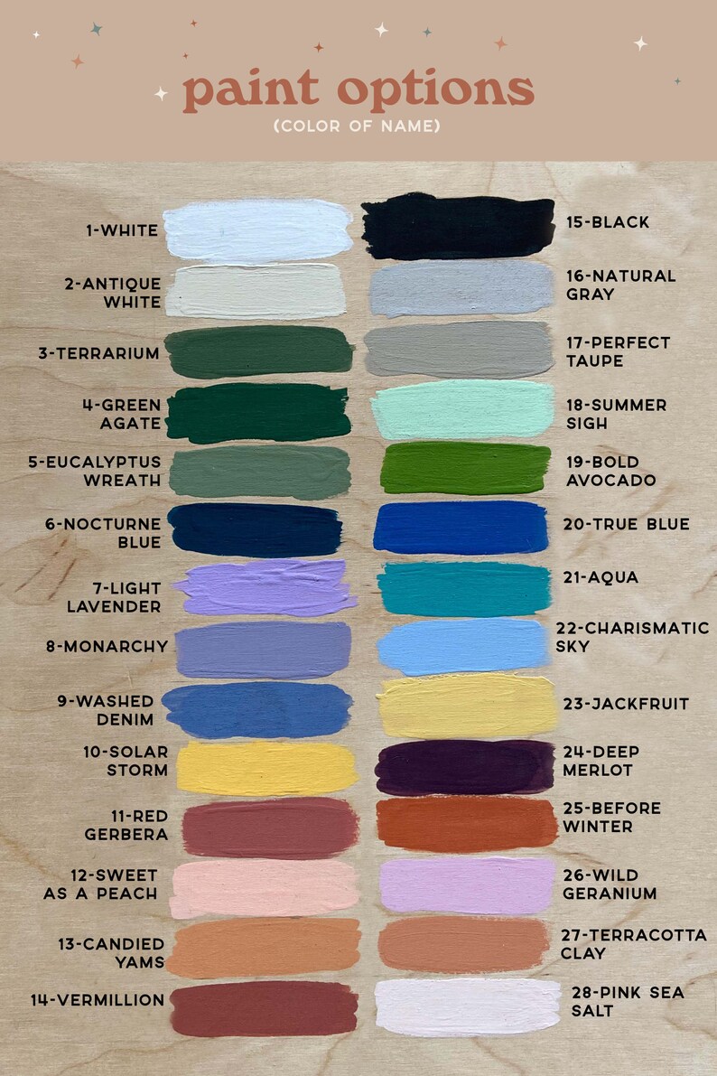 May include: A chart of paint color swatches with names and numbers. The colors include white, black, gray, green, blue, lavender, denim, yellow, red, orange, brown, and pink.