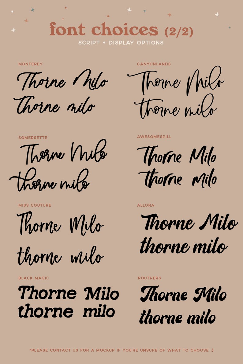 May include: A visual guide to different font choices for the names Thorne Milo, with each font style displayed in a separate box. The font styles are: Monterey, Canyonlands, Somersette, Awesomespill, Miss Couture, Allora, Black Magic, and Routhers.