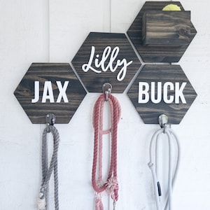 May include: A wooden wall organizer with three hexagonal shelves, each with a dog's name on it: Jax, Lilly, and Buck. Each shelf has a hook for a leash, and there is a small wooden box for storing dog toys.