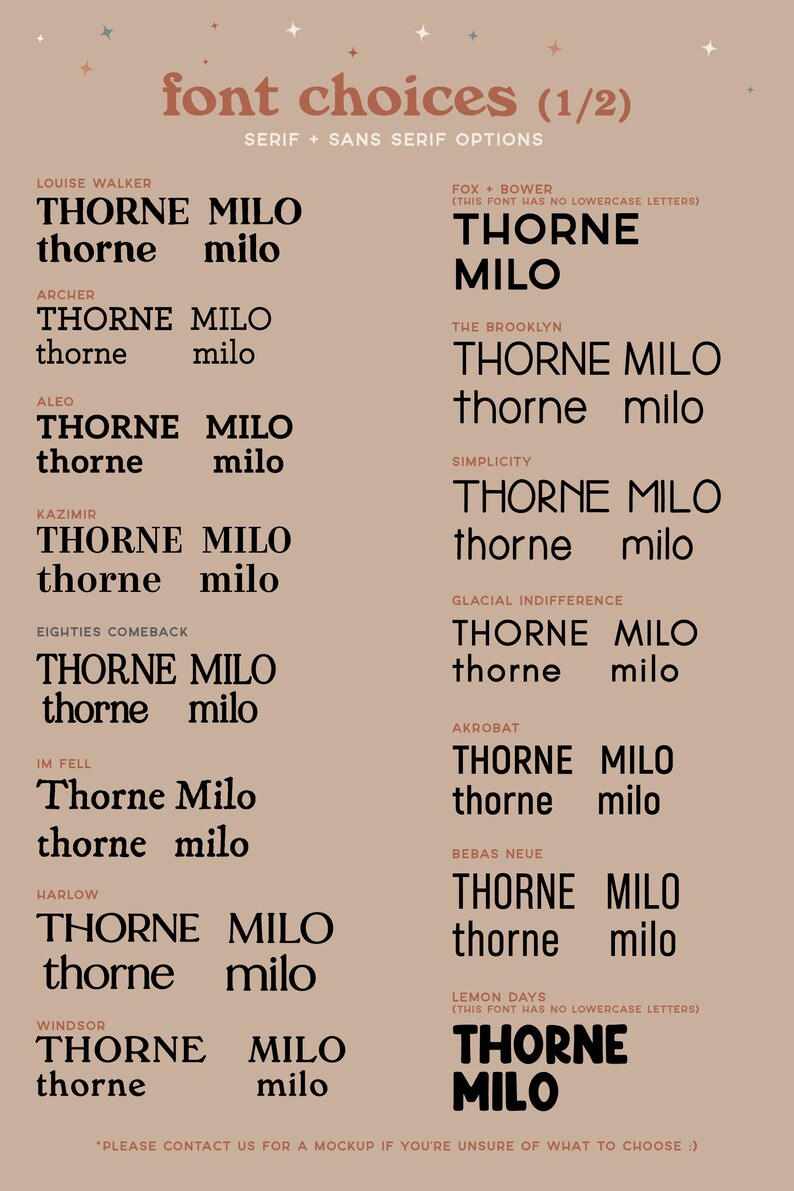 May include: A chart of font choices for a design project. The chart lists 10 different fonts, each with a sample of the font name in both uppercase and lowercase letters. The fonts are: Louise Walker, Archer, ALEO, Kazimir, Eighties Comeback, Im Fell, Harlow, Windsor, Fox Bower, The Brooklyn, Simplicity, Glacial Indifference, Akrobat, Bebas Neue, and Lemon Days.