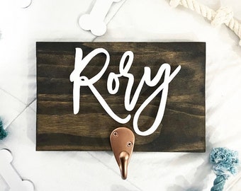 Custom Dog Leash Hook: Hand Cut Wood Pet Sign, Dark Walnut Stain