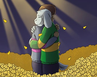 May include: A digital illustration of two characters from the video game Undertale, a human and a goat monster, hugging each other in a field of yellow flowers. The human is wearing a green and yellow striped sweater and the goat monster is wearing a pink and blue striped sweater. The text "SAVE" is displayed in a pixelated font at the bottom of the image.
