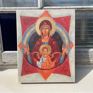 Hand-made painting of The Virgin Orans, icon, traditional egg tempera on wood