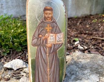 Unique hand-painted art work of Saint Francis of Assisi, traditional egg tempera, driftwood