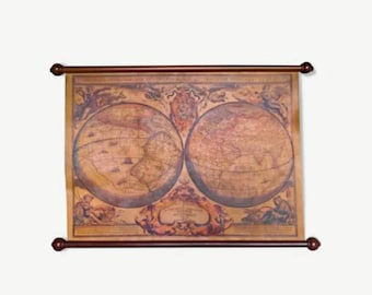 Vintage world map canvas printed on leather