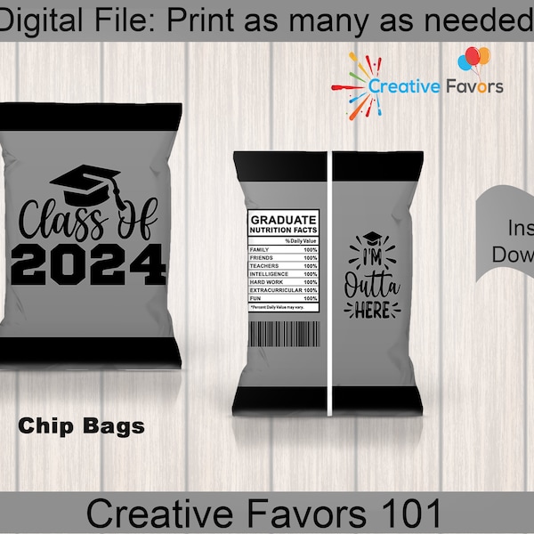 Grey and Black Graduation Chip Bags Class of 2024 Graduation Party Favors Digital Chip Bag Template Senior Chip Bags Instant Download