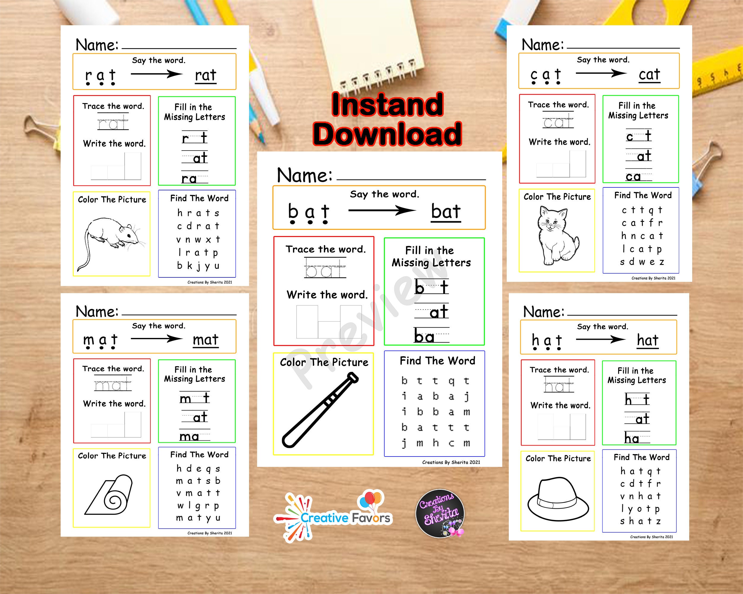 AT Word Family Worksheets, Pre-k Worksheets, Kindergarten Worksheets ...