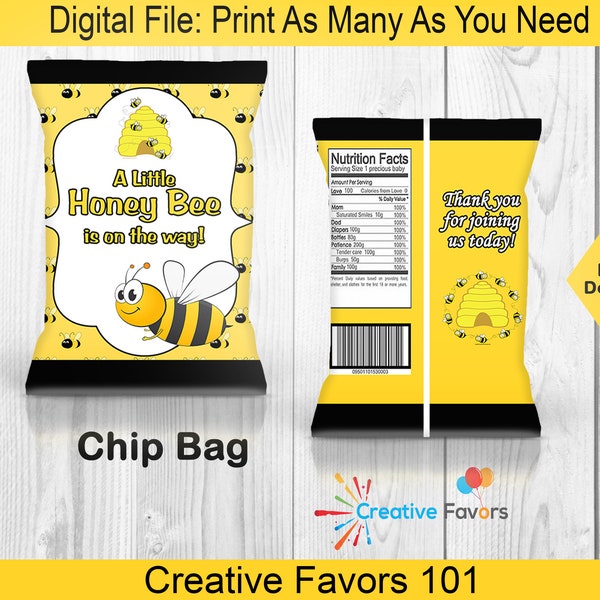 Honey Bee Chip Bag, Bee Theme Baby Shower, Yellow, Bee Party Favors, Baby Shower Favors, Gender Reveal, DIY Party Favors,