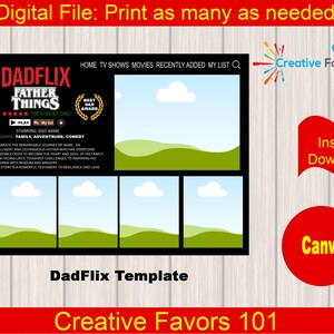 May include: A printable template for a Father's Day card with a black background and green hills. The text "Dadflix Father Things" is at the top of the card. The text "100% Best Dad" is below the title. The text "Play My List" is below the title. The text "Starring: Dad Name" is below the title. The text "Genre: Family, Adventure, Comedy" is below the title. The text "Celebrate the remarkable journey of [Name], an intelligent and courageous father who has overcome incredible odds to become the heart and soul of his family. From facing life's toughest challenges to inspiring his children with wisdom and bravery. This story is a powerful testament to resilience and love." is below the title. The text "Creative Favors 101" is at the bottom of the card.