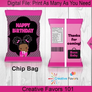 African American Boss Baby Chip Bag, Boss Baby Girl Theme, Pink Chip Bags, Pink Party Favors, Girl Birthday Party Favors