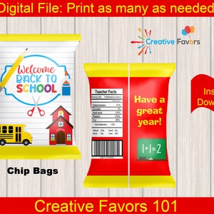 Welcome Back To School Chip Bag, First Day of School Chip Bag, Teacher Chip Bag, Back To School Printable,