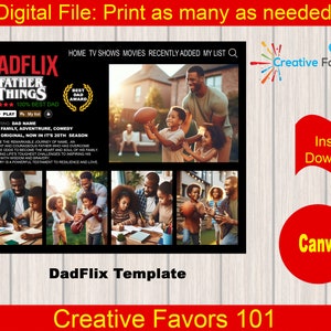 May include: A digital printable template for a Father's Day card or gift. The template features a collage of photos of a father and his children, with the text "DADFLIX FATHER THINGS" and "100% BEST DAD" in a red and white color scheme. The template also includes a "BEST DAD AWARD" icon.