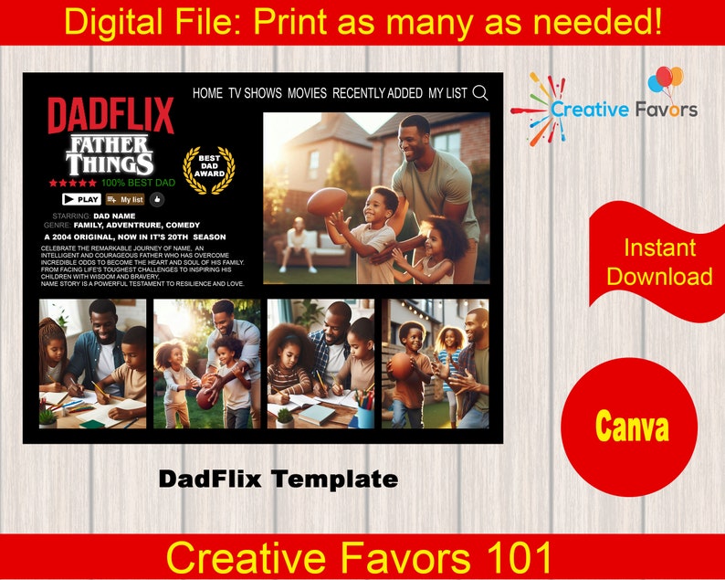 May include: A digital printable template for a Father's Day card or gift. The template features a collage of photos of a father and his children, with the text "DADFLIX FATHER THINGS" and "100% BEST DAD" in a red and white color scheme. The template also includes a "BEST DAD AWARD" icon.