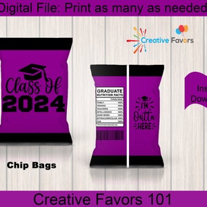 Purple and Black Graduation Chip Bags Class of 2024 Graduation Party Favors Digital Chip Bag Template Senior Chip Bags Instant Download