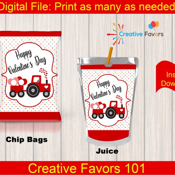 Valentine's Tractor Chip Bag Valentine's Party Favor Valentine Tractor Chip Bag Valentine Juice File Valentine Treat Valentine Tractor Juice