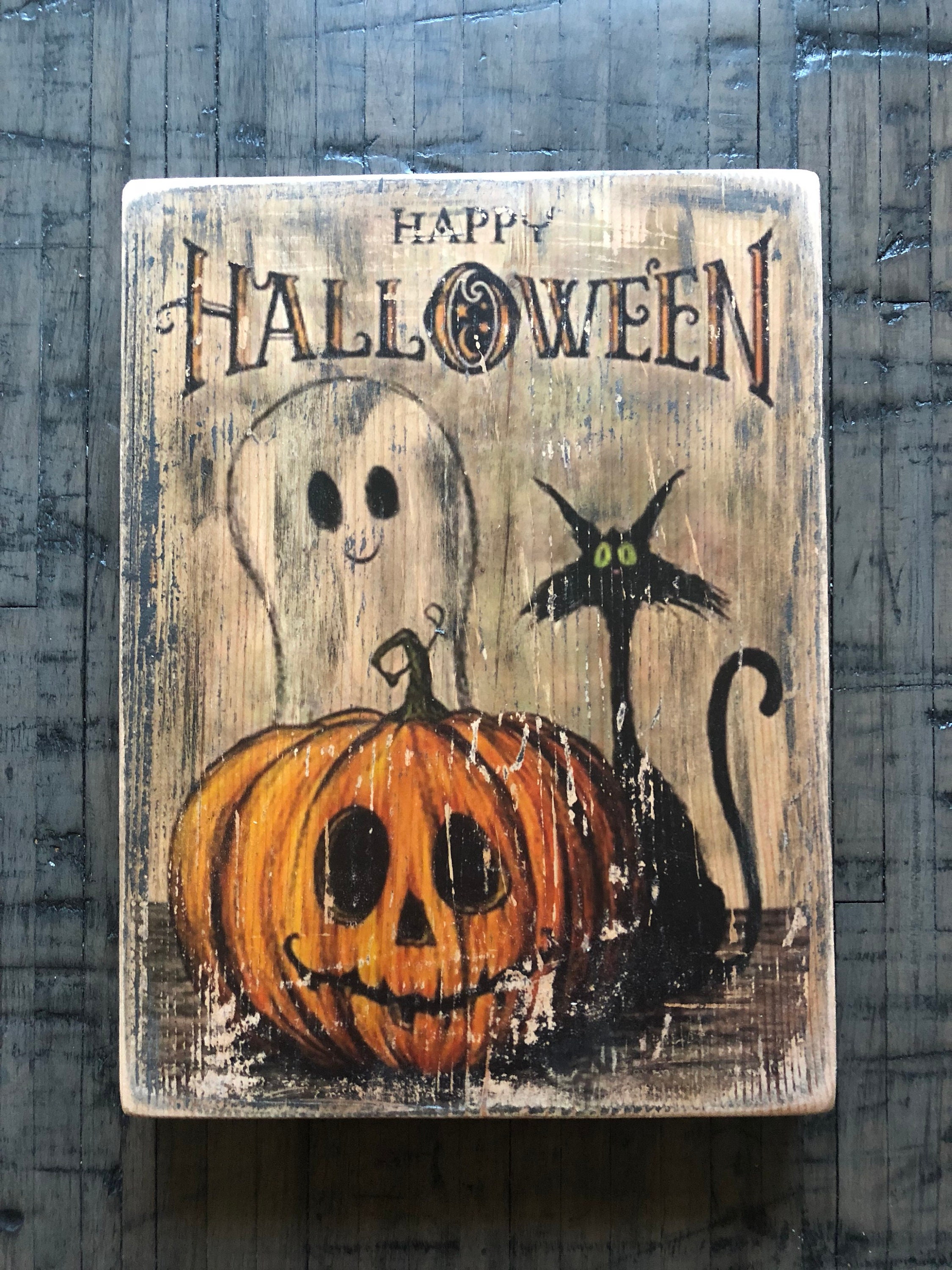 HALLOWEEN Rustic Happy Halloween Wood Sign Pumpkin Ghost Black Etsy