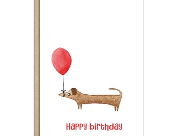 Sausage dog with balloon birthday card (code SM038)