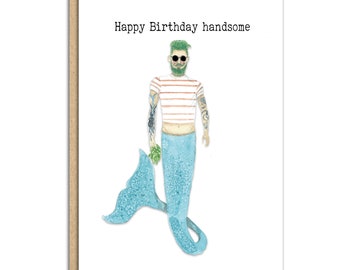 Happy Birthday tattoo merman hipster card (code SM012)