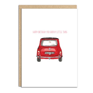 Groovy vintage mini, autoliefhebber, miniliefhebber, jaren 1970, groovy rode aquarelkaart (SM063)