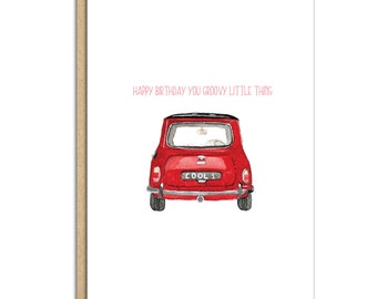 Groovy vintage mini, car lover, mini lover, 1970s, groovy red watercolour card (SM063)