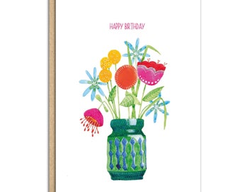Retro, vintage, vase and flowers, contemporary flowers, birthday, watercolour painted card (SM069)