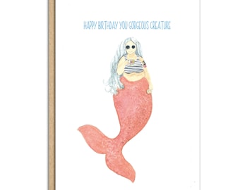 Body positive tattoo 'ed, tea loving mermaid birthday card (code SM013)