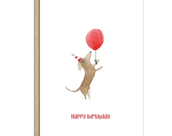 Standing sausage dog with balloon birthday card (code SM038)