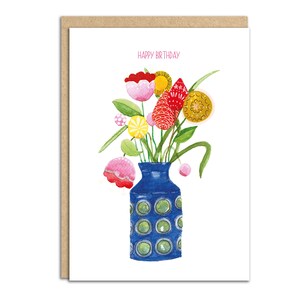 Flores de cartão de aniversário, retrô, vaso vintage, pintura em aquarela brilhante, colorida e elegante (SM068)