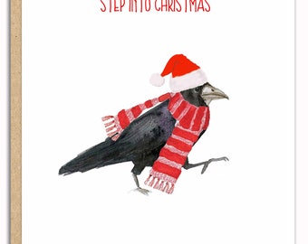 Fiesty crow  in a Father Christmas Santa hat Christmas card!