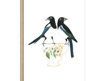 Two for joy. Two magpies on a vintage tea (code SM001)