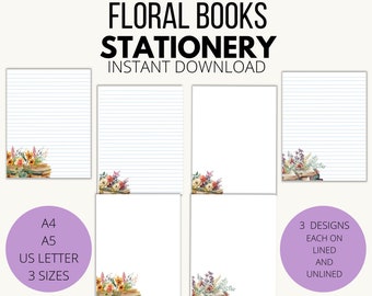 Wildflower and Books Digital Writing Paper Set - 3 Unique Designs on Lined & Unlined Pages - Instant Download A4, A5, and US Letter Sizes