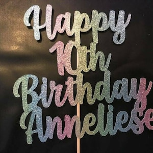 Glitter Cake Topper Happy 10th Birthday Personalised Name and Age