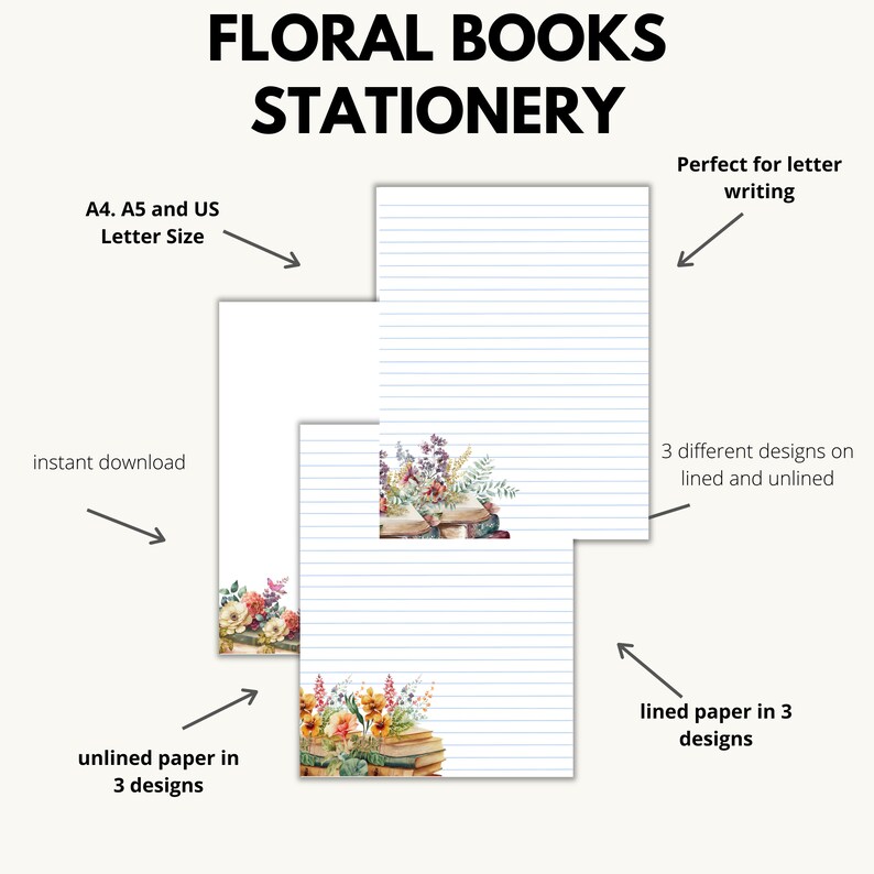May include: Printable stationery featuring three different designs of floral illustrations with books. The designs are available in both lined and unlined versions. The paper sizes are A4, A5, and US Letter.