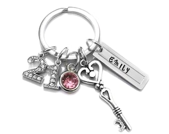 21st Happy Birthday Keychain Rhinestone Numbers Personalized Name Gift