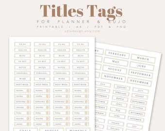 Titles Tags for Journals and Planners, Minimal Functional Labels Stickers,Header Titles and Months,Printable and Digital Notebook Compatible