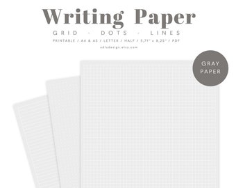 Writing Paper Set Printable, Gray Paper on White Dots Grid & Lines Paper, Study Notes, Notes Taking, Digital Notebook,PDF